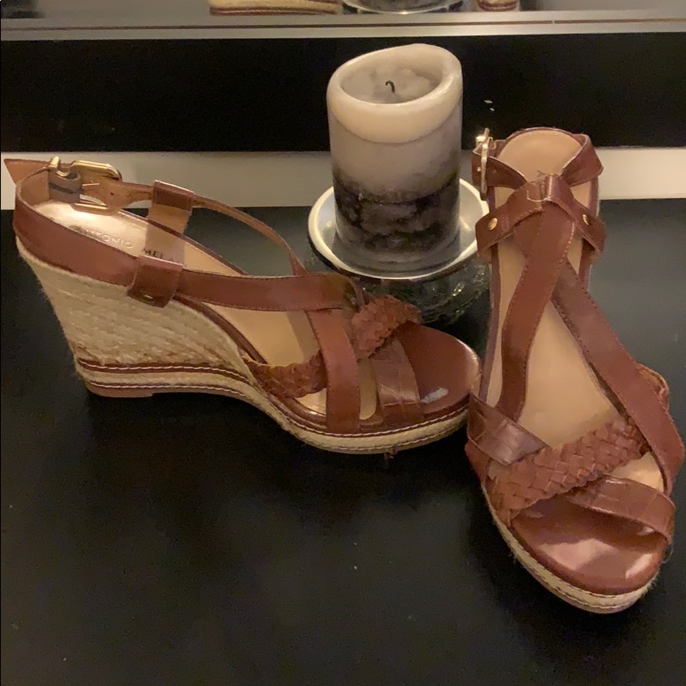 Antonio Melani Leather platform sandals with burlap heel Size 10